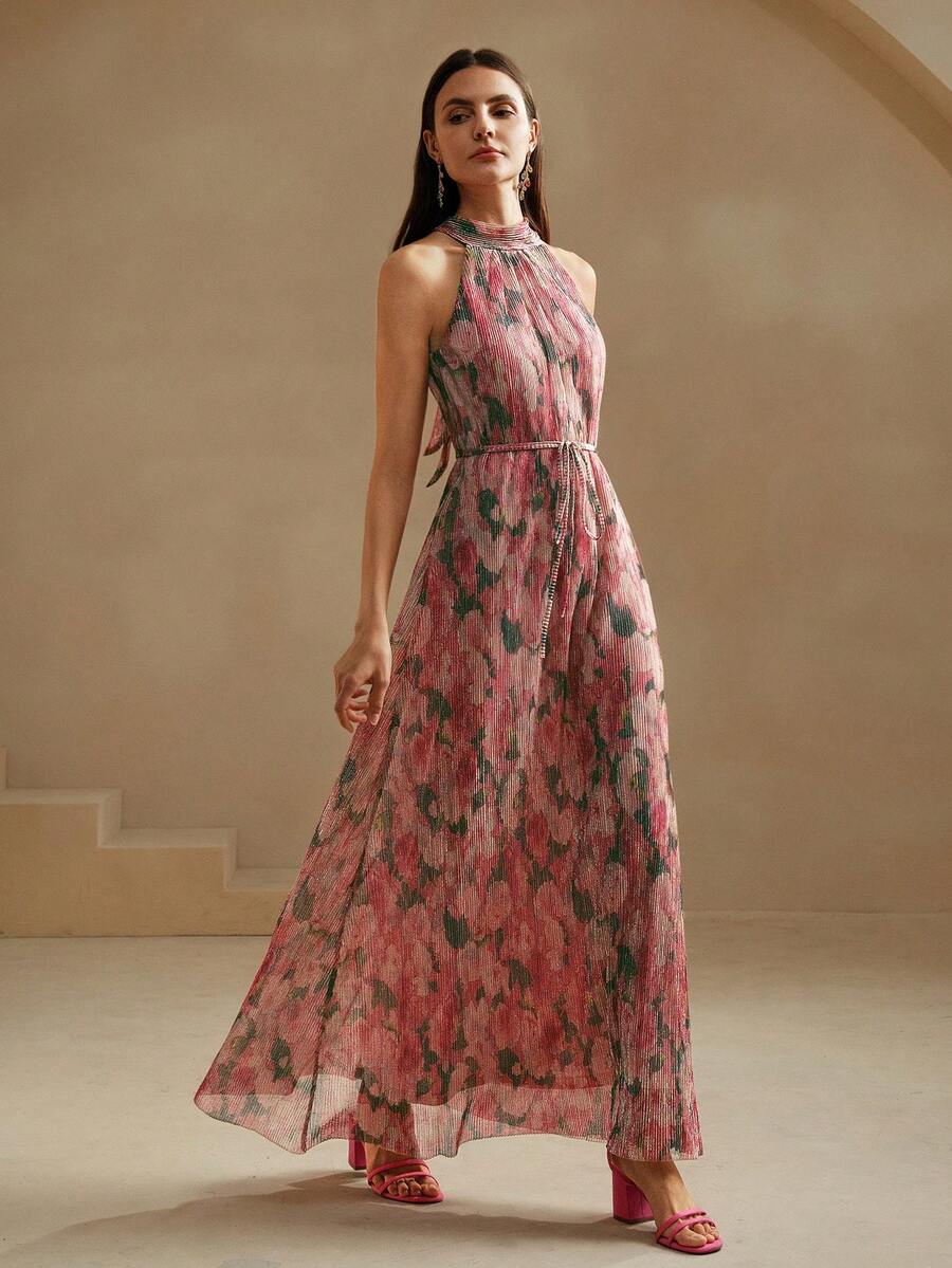 SHEIN X GALILEA Anewsta Spring/Summer Valentine's Day Outfit Ruched Blue Floral Print Halter Neck Maxi Dress Elegant Evening Gown For Women