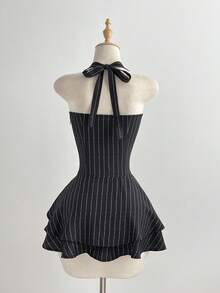 Elamini Women's Black Striped Criss-Cross Spaghetti Strap Backless Mini Dress, Sexy, Versatile, Suitable For Music Festivals, Parties - Black - View 2