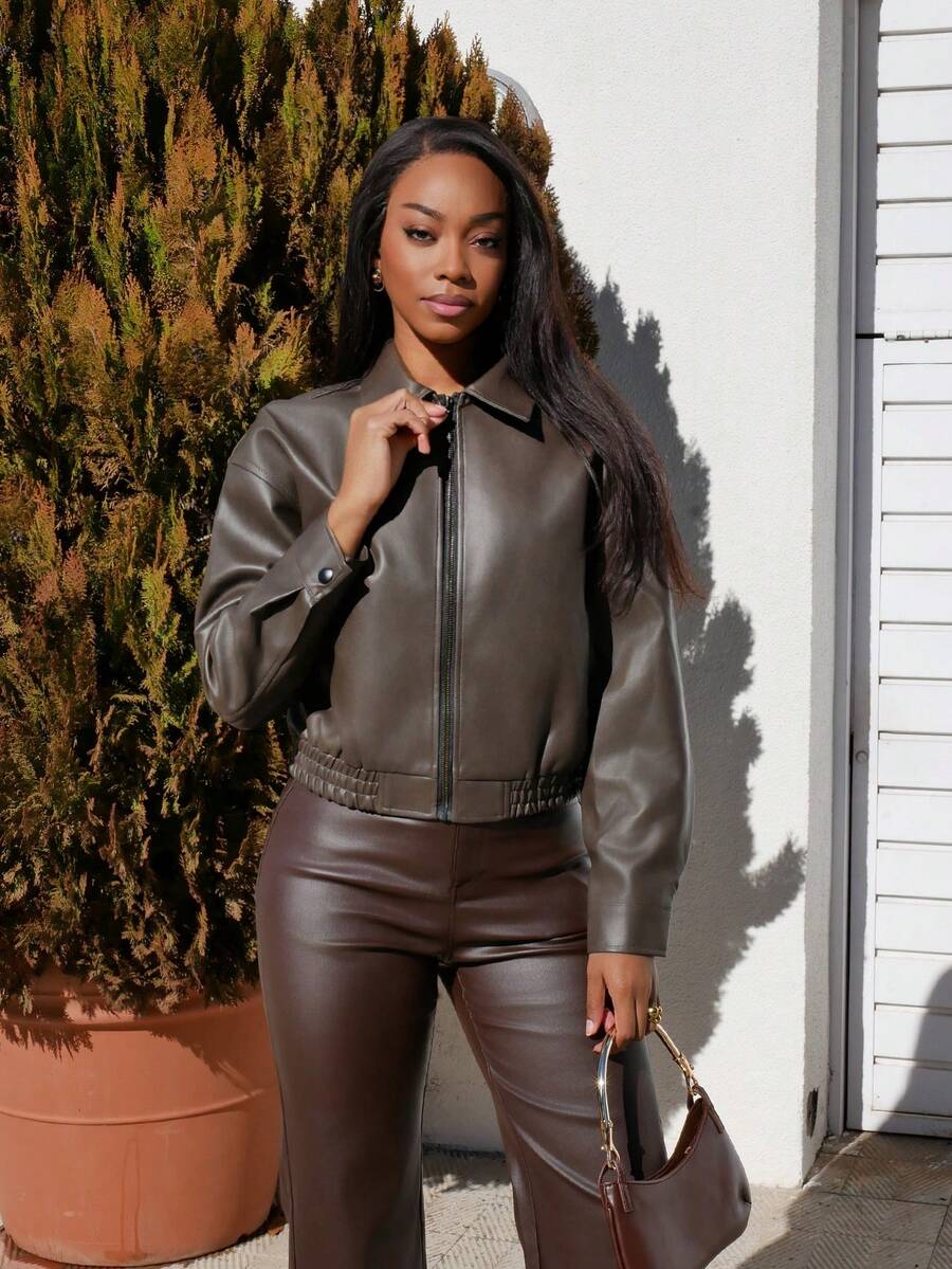 Yess Loren Spring New Vintage Leather Jacket, Short Style, Regular Fit, Women's Jacket For Valentine's Day Fall,Winter - Brown - View 1