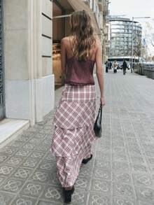 Nöista Plaid Midi High Waist Skirt With Layered Ruffles. Dressy Occasions, Formanl Event, Boho, Casual, Summer, Spring. - Red - View 6