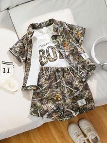 SHEIN 3件套婴儿/男婴迷彩印花短袖衬衫和T恤套装，春夏时尚街头服饰 - 軍綠色 - 查看 7
