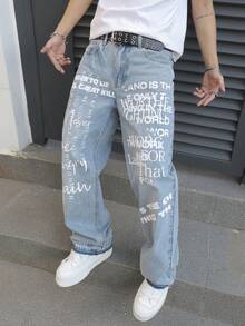 Manfinity EMRG Men's Light Blue Letter Print Distressed Jeans, Loose Fit Wide Leg Street Style Casual Pants - Light Wash - View 6