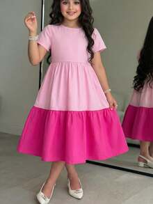 SHEIN Young Girl Woven Floral Contrast Lace Embroidery Hem A-Line Dress, National Floral Rose Patchwork , Short Sleeve, Spring And Summer,Suitable For Girls Daily Wear, Festivals, Vocation,Holidays,Family Gatherings And Special Occasions, Sibling Outfits Sisters Style Outfit, Spring And Summer,Cute & Elegant & Sweet & Vintage & Fashionable. - Hot Pink - View 6