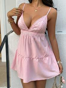 Sunnyshic Women's Casual Vacation Dress, Embroidered Fabric Pink Summer Dress Pink Beach Dress Pink Vacation Dress Babydoll Dress Sexy Summer Dress - Pink - View 4