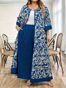 SHEIN CURVE+ Kích cỡ US22, phù hợp cho lễ hội âm nhạc, kỳ nghỉ bên bờ biển, phong cách Bohemia. Bộ hai mảnh gồm áo khoác dài và quần có túi dành cho nữ, thích hợp cho kỳ nghỉ. - Xanh và trắng - Xem 9