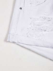 SHEIN EZwear 休閒純色破洞牛仔短褲，夏季女款白色短牛仔褲 - 白色 - 查看 4