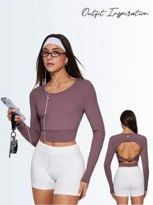 Eassivo Eassivo Women's Open Back Long Sleeve Sports Top,Dusty Mauve Criss Cross Back Sport Crop Shirt,Athleisure Gym Crop Top,Maroon Autumn Criss-Cross Sports Top - Coffee Brown - View 7