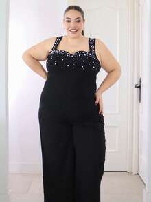 Pretty and Ole Plus Size Elegant Sexy Party Jumpsuit, Fitted Camisole With Gorgeous Pearl Decor, Slimming - Black - View 5
