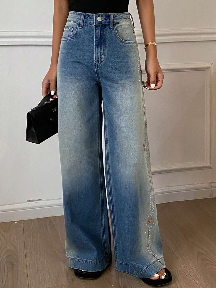 Women's Regular Waist Rhinestone Design Loose Casual Straight Leg Jeans