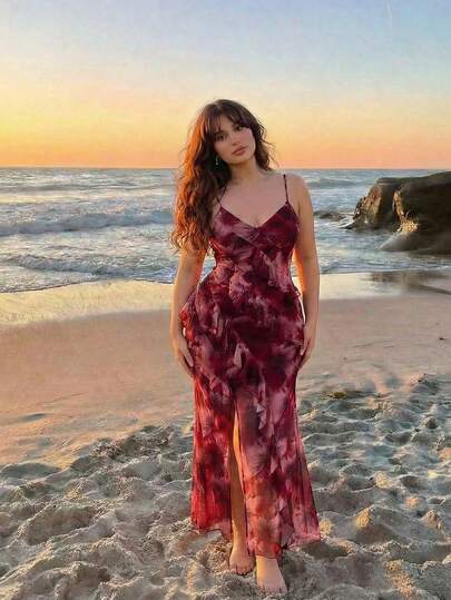 SHEIN MOD Đầm maxi dáng suông cổ chữ V xẻ cao xếp ly họa tiết hoa nhuộm tie-dye dành cho nữ cỡ lớn, trang phục Giáng sinh, trang phục năm mới, đầm thanh lịch cho nữ, đầm gợi cảm, đầm xẻ tà, đầm dự tiệc Giáng sinh, đầm đêm giao thừa cho nữ, trang phục ngày lễ cho nữ, đầm đi nghỉ mát, đầm hoa cho nữ, cảm hứng Giáng sinh, đầm hẹn hò, trang phục dự tiệc, đầm khoét lưng, đầm dạ hội họa tiết hoa, đầm dự tiệc tối cho kỳ nghỉ, trang phục dự tiệc tối cho nữ