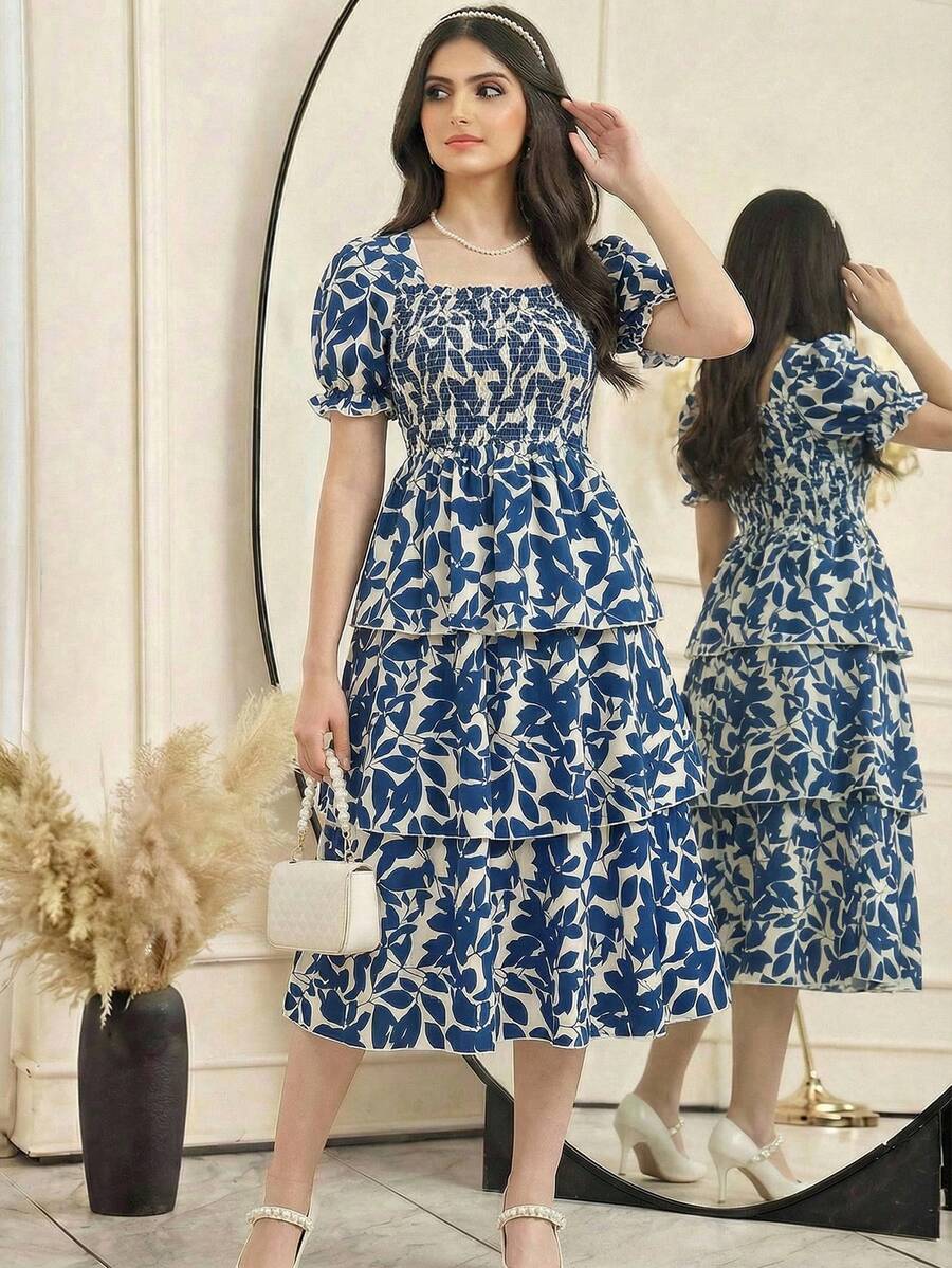 SHEIN Teen Girl Floral Print Layered Petal Sleeve Square Neck Casual Vacation Dress, Summer, Blue Flower Dress - Blue - View 1