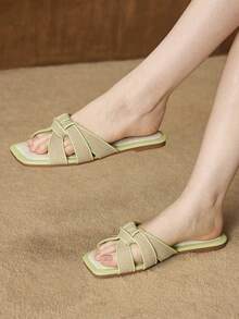 MOTF PREMIUM SQUARE-TOE SIMPLE AND COMFORTABLE WOMEN FLAT SANDALS FOR SUMMER VACATION, BACK TO SCHOOL COLLEGE STUDENT SHOES, FOR NEW YEAR HOLIDAY, SPRING SHOES SPRING BREAK EASTER SPRING SHOES - Light green - View 6