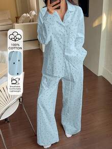 DAZY Bộ đồ ngủ 2 món in chấm bi, áo khoác cardigan rộng và quần ống đứng, thích hợp cho mùa xuân và mùa thu dành cho nữ. - Màu xanh lam - Xem 1