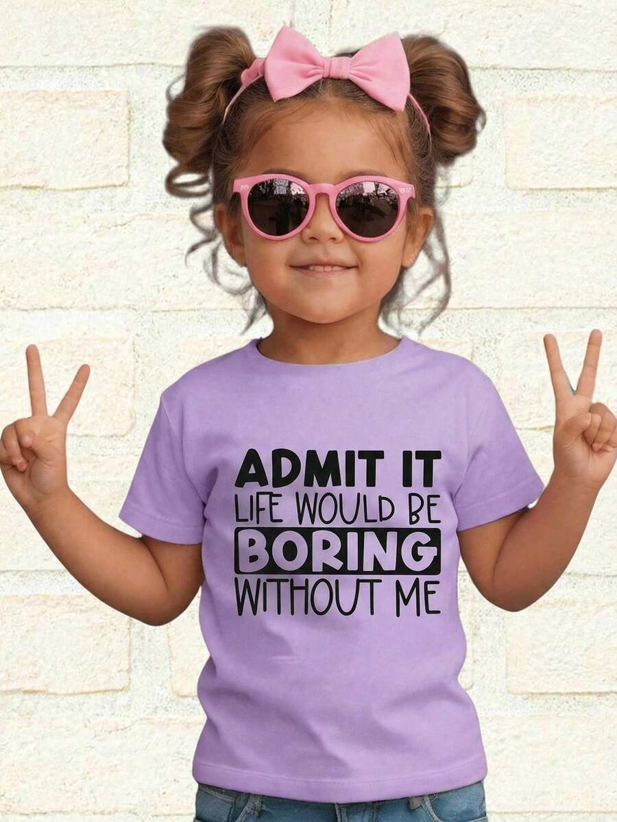 少女标语印花基本款短袖T恤 - 粉色 - 查看 1