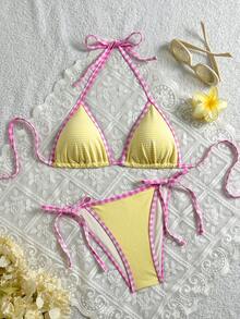 Swim Mod Bộ bikini hai mảnh nữ màu hồng kẻ caro dễ thương, phối vàng trắng, kiểu áo yếm và bikini tam giác buộc dây bên hông, thích hợp cho kỳ nghỉ hè ở bãi biển. - Nhiều màu - Xem 6