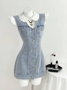 Elamini Đầm denim nữ mùa hè kiểu dáng thường ngày, cài cúc phía trước, không tay. - Rửa nhẹ - Xem 6