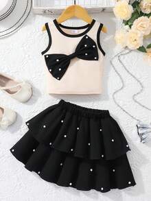 Girls' Stylish Contrast Color Sleeveless Top & Layered Skirt Set With Bow & Pearl Decor,Elegant Two Pieces Summer Birthday Party Outfit For School - Apricot - View 8