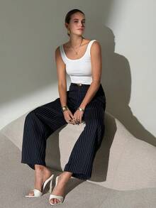 Lavishia Pantaloni eleganți kaki cu croi larg pentru femei, pentru afaceri, pentru naveta, pantaloni de costum, design elegant și versatil, clasic, cu talie înaltă, cu decor metalic auriu, pentru vară, pentru birou - Albastru marin - Vizualizare 7