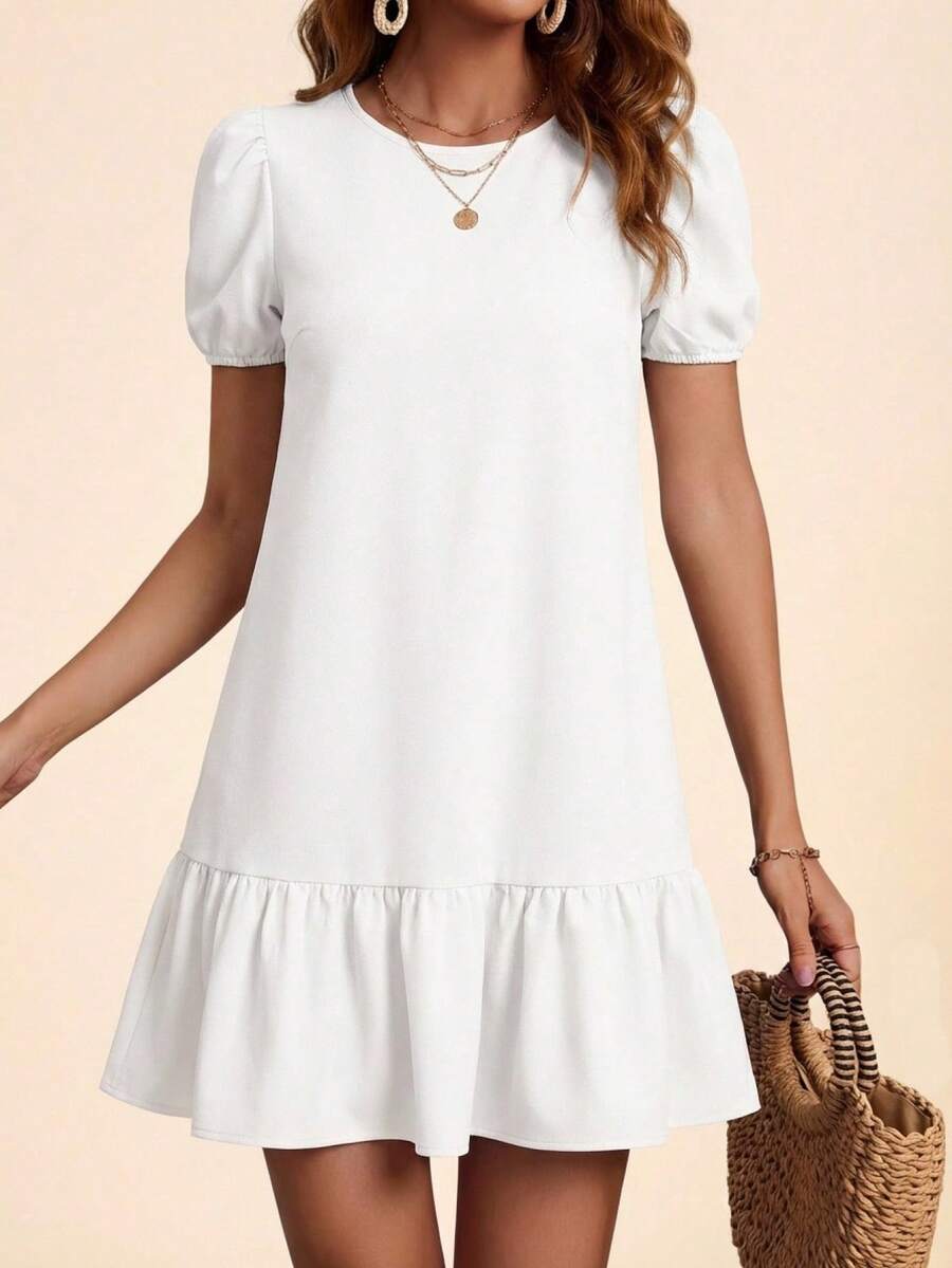 Coeurva 女士休闲日常通勤简约纯色泡泡袖荷叶边连衣裙，夏季 - 白色 - 查看 1