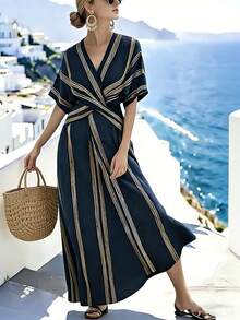 SHEIN Holidaya 女士交叉裹身收腰V领蓝黄条纹连衣裙，度假款 - 藏蓝色 - 查看 1