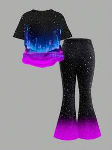 SHEIN 2件套卡通女孩彩色星空紫色和黑色撞色多巴胺休闲简约卡通图案圆领短袖T恤和喇叭裤套装，适合夏季、休闲校园运动风、户外野餐、街头快照。 - 彩色 - 查看 3