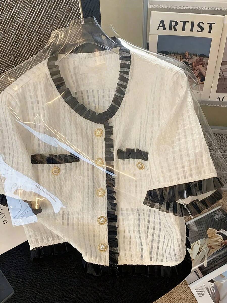 GlowEve Fashionable New Summer Elegant Short Sleeve Round Neck With Metal Button Decor, Ruffle Hem Contrast Color Splice Women Short Blouse - White - View 1