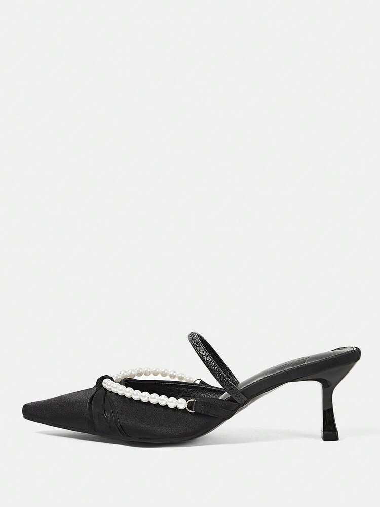 CUCCOO HITCHD Black Elastic French Pearl Satin High-Heeled Sandals, French Elegance + Casual And Exquisite, Satin Pearl Decoration, Suitable For Women Who Pursue Exquisite Sense, Commuting Suit Pants, Dating With Floral Skirts, Vacation Shorts Are Suitable, Is A Versatile Model For Daily/Light Formal Settings Wedding Shoes Summer Shoes Bride Shoes
