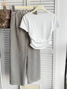 SHEIN 少女两件套，刺绣纽扣上衣搭配条纹裤，白色，适合秋冬季节、海滩度假、感恩节、新年等场合穿着。 - 白色 - 查看 2