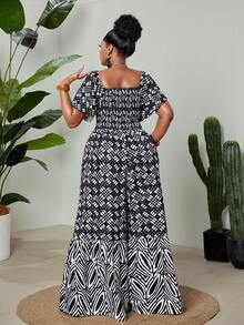 Maweii Retro sexy geometrisches Druckmuster Herzausschnitt Taille gerafft Lässig Weites Bein Jumpsuit, Große Größen - Schwarz und Weiss - Übersicht 6