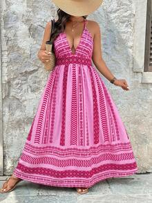 SHEIN VCAY Plus Size Pink Digital Print Fitted Waist Vacation Style Deep V-Neck Halter Backless Tie Dress - Hot Pink - View 5