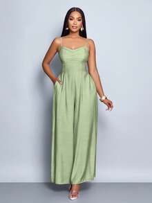 SOLERSUN Women's Draped Front Draped Collar Lace Up Backless Wide Leg Cami Jumpsuit, For Everyday Wear & Vacation - Green - View 4