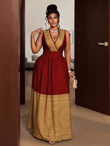 Maweii Plus Size Women V-Neck Ruched Waist Colorblock Elegant Party Dress - Red - View 4