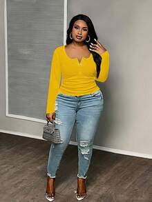 Slaydiva Plus Size Casual All-Match White Slim Fit With Deep U-Neck Long Sleeve T Shirt-C - Yellow - View 4