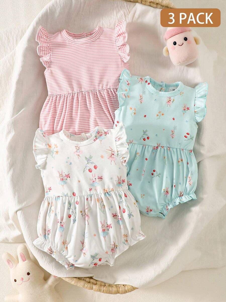 SHEIN 3pcs Newborn Baby Girl Sleeveless Romper Set | Soft White / Light Blue / Pink Striped, Fabric, Ruffle Trim, Rabbit & Strawberry Floral Decor, Cute & Sweet Style, Suitable For Newborn, Festivals, Parties, Outings, Photo Shoots Baby Clothes Baby Girl Clothing Ootd For Baby Girl 0 To 12months Baby Girl Outfit Baby Romper Rompers For Baby Girl Babies Clothes Baby Girl Outfits - Multicolor - View 1
