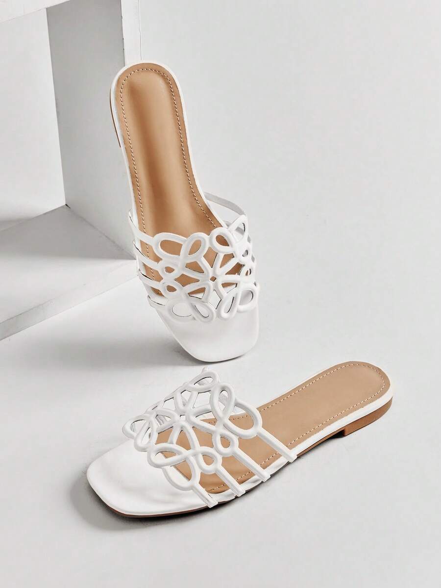 SHUZIA 女士优雅镂空花卉图案平底凉鞋 - 白色 - 查看 1