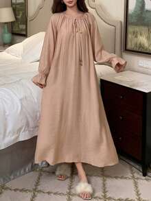 Elegant Pleated Tie Collar Loose Long Women Nightgown, Spring/Summer - Apricot - View 6
