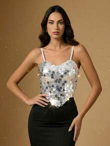 Briarwyn Women's Solid Color Asymmetric Hem Fashionable Sequin Camisole,Summer Top - Silver - View 4