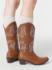 ROMWE Fairycore 2025 Botas de Cowboy Bordadas Ocidentais Retrô do Interior Britânico, Botas de Outono para Mulheres - Castanho - Visão 2