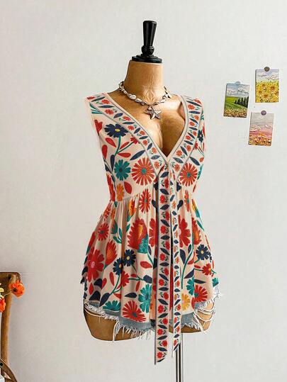 Franclia Summer New Vintage Floral Sexy V-Neck Sleeveless Tie Front Plus Size Women Vest, Women Beach Outfit