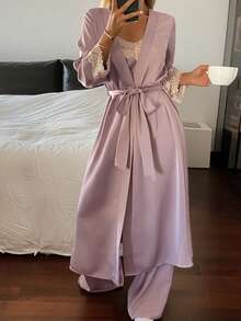 3pcs Romantic Elegant Wedding Satin & Lace Patchwork Robe, Camisole & Pants Sleepwear Set For Women - Pink - View 5