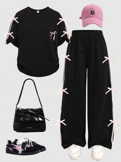 SHEIN Tween Girl Round Neck Bow Decor Short Sleeve T-Shirt And Wide Leg Pants Casual Daily Outfit