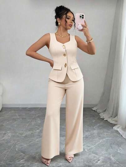 Conjunto de 2 piezas para mujer, chaleco sin mangas cuello cuadrado con botones dorados y pantalones anchos de talle alto, elegante para oficina y negocios