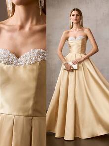 MOTF Soiréza DAMEN TRÄGERLOSES FIGURBETONTES ABENDKLEID AUS SATIN MIT PERLEN, MIT KONTURIERTER TAILLE UND FLIESSENDEM BODENLANGEM DRAPIERTEM SAUM - IDEAL FÜR HOCHZEITEN, GALADINNER, PREISVERLEIHUNGEN UND FORMELLE EMPFÄNGE - Gold - Übersicht 2