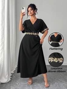 Elenzga Rochie elegantă pentru femei, cu imprimeu floral, încrețit, în talie, cu nod, rochii de lux pentru femei, rochie nouă, rochie de seară, rochie de seară de înaltă calitate, rochie înfășurată, rochie clasică bosniacă pentru femei, Abaya Dubai, rochie neagră formală, rochie elegantă pentru invitați de nuntă, rochie înfășurată, rochie italiană brodată aurie - Negru - Vizualizare 4