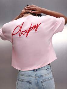 PLAYBOY X SUMWON Mens Cropped Fit Graphic Tee Short Sleeve Crew Neck Cotton T-Shirt With Script Print Casual Summer Top - Pink - View 1