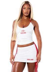 SUMWON WOMEN England Cross Flag Halter Neck Ruched Detail Tank Top With Red Contrast Trim Sleeveless Summer Patriotic Football - White - View 1