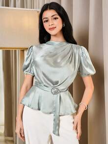 Modelyn 女士纯色褶皱短袖优雅衬衫 - 薄荷綠 - 查看 5