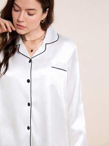 LuxeNights 撞色包边缎面睡衣套装 白色套装，秋冬服装 - 白色 - 查看 9