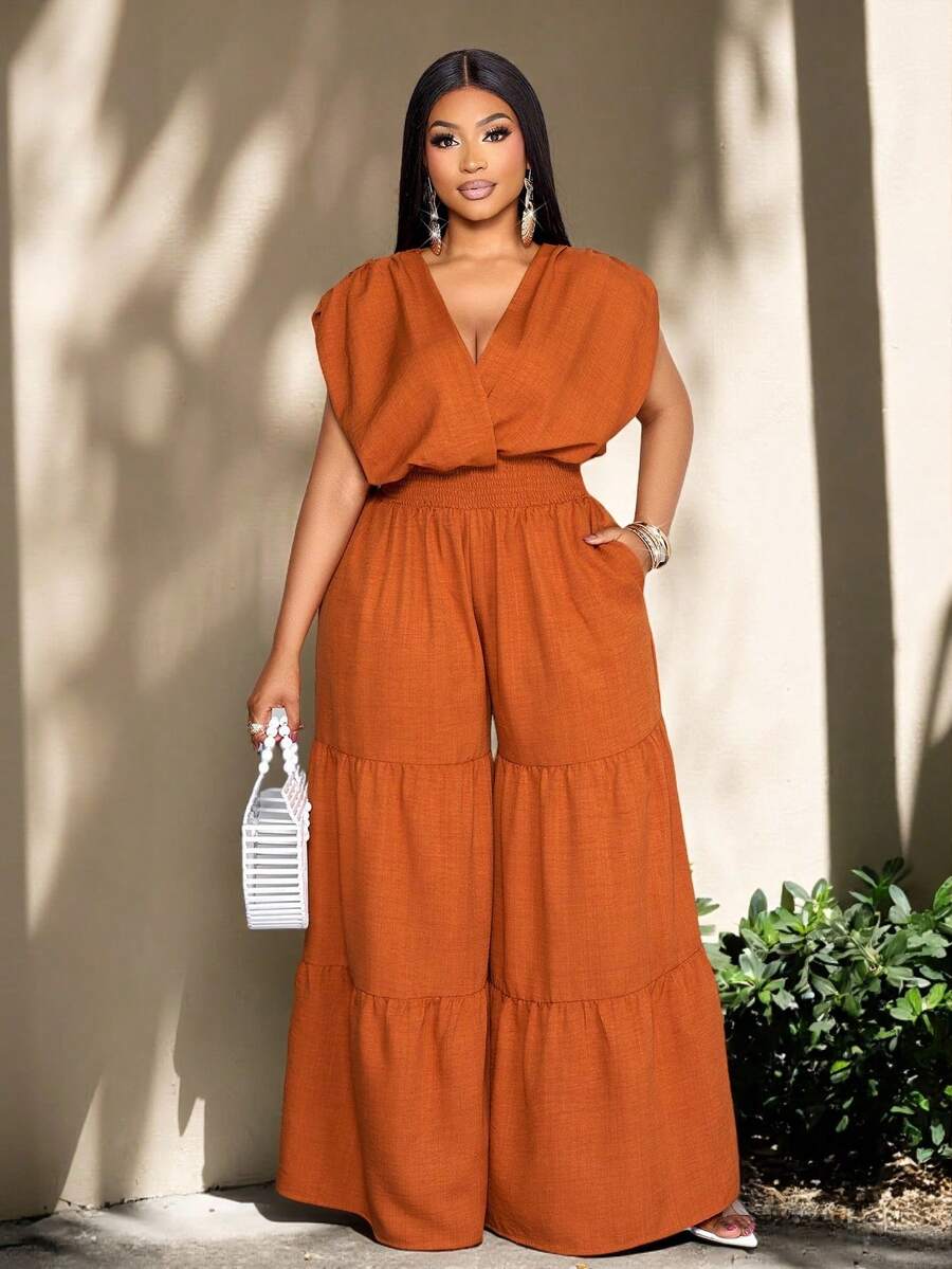 SOLERSUN Burnt Orange Plus Size Women's Summer Elegant Vacation Jumpsuit,Cotton Linen Blend V-Neck Sleeveless Ruched Cinched Waist Pocket Paneled Outfits - Rust Brown - View 1