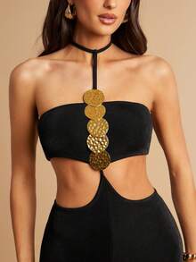 Silquee Women's Black Summer 70s Jumpsuit Gold Metallic Panels Backless Night Out Club Night Party Beach Club One-Piece Pants Loose Straps Leisure Travel Sexy - Black - View 5